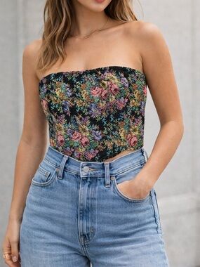 Cider Small Floral Tapestry Corset Strapless Bustier Y2K Fairycore Lace Up Crop